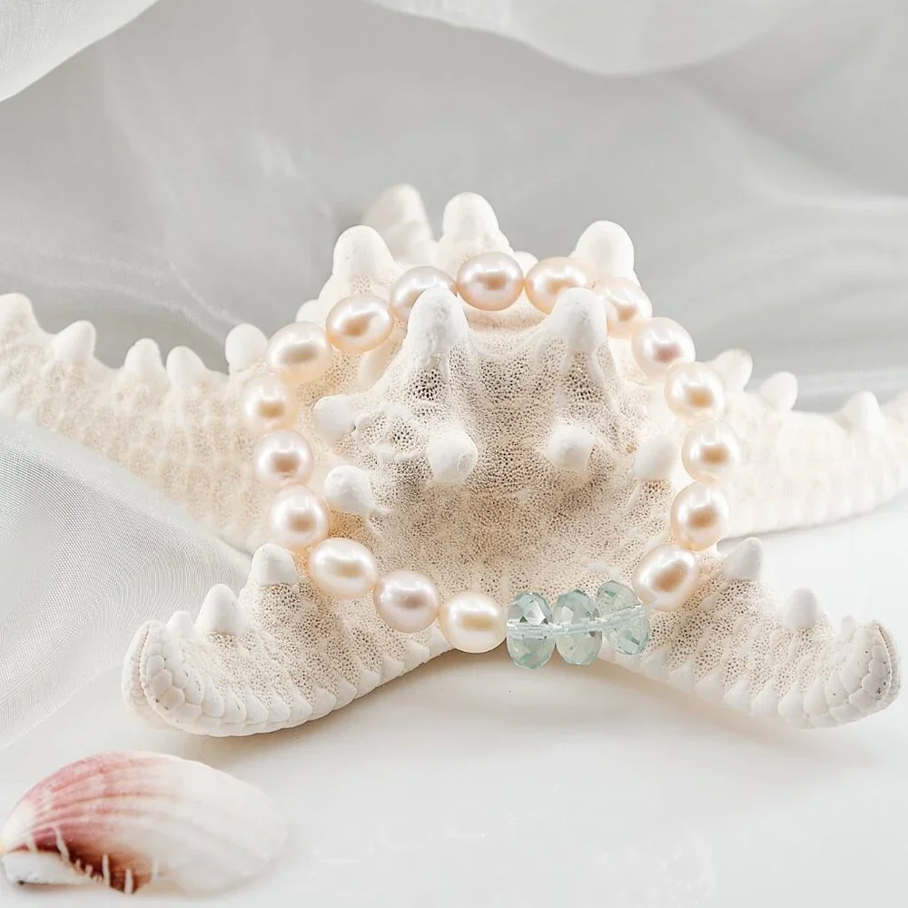 Pearl Bracelet w/Aquamarine, Gemstone Stretch Bracelet, Dainty Jewelry Gift
